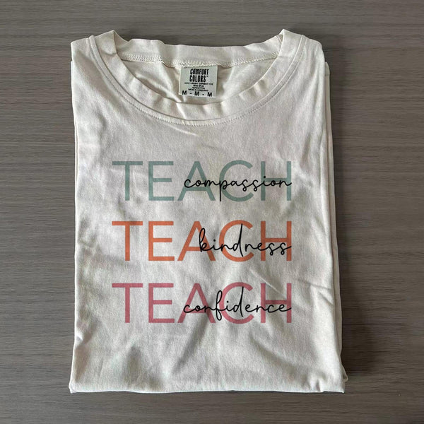 Teach Compassion Kindness Confidence Teacher Crew Neck T-shirts