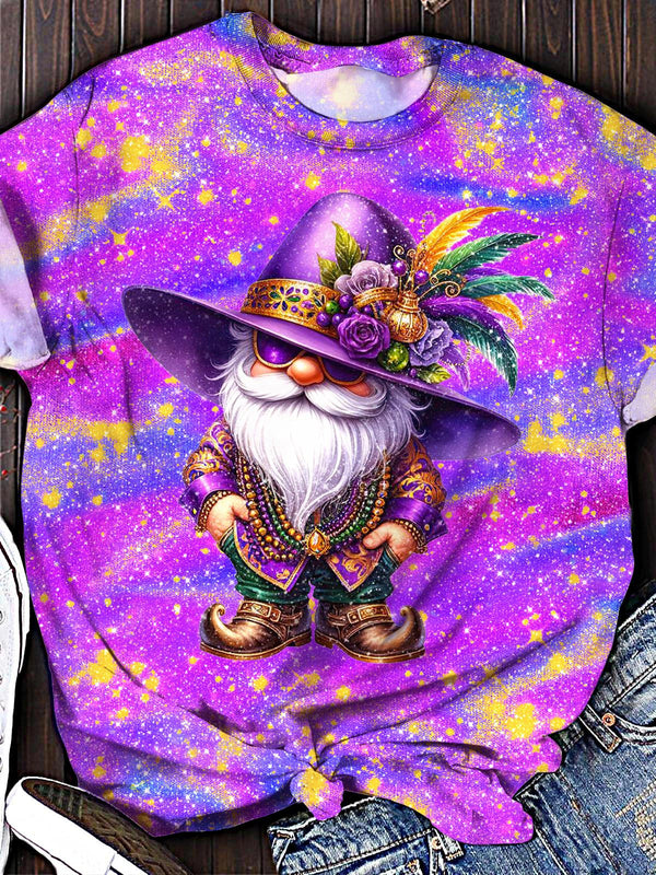 Retro Colorful Mardi Gras Gnome Print Crew Neck T-shirt