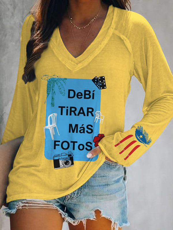 Benito Album Merch-Inspired Print V-Neck Long Sleeve Top