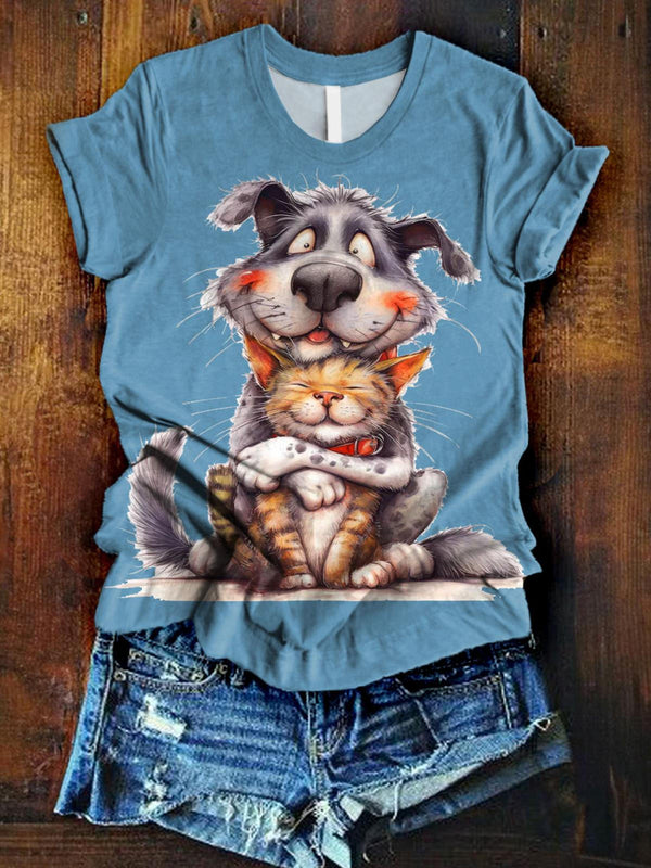 Cute Kitten And Puppy Hug Printed Crew Neck T-shirt