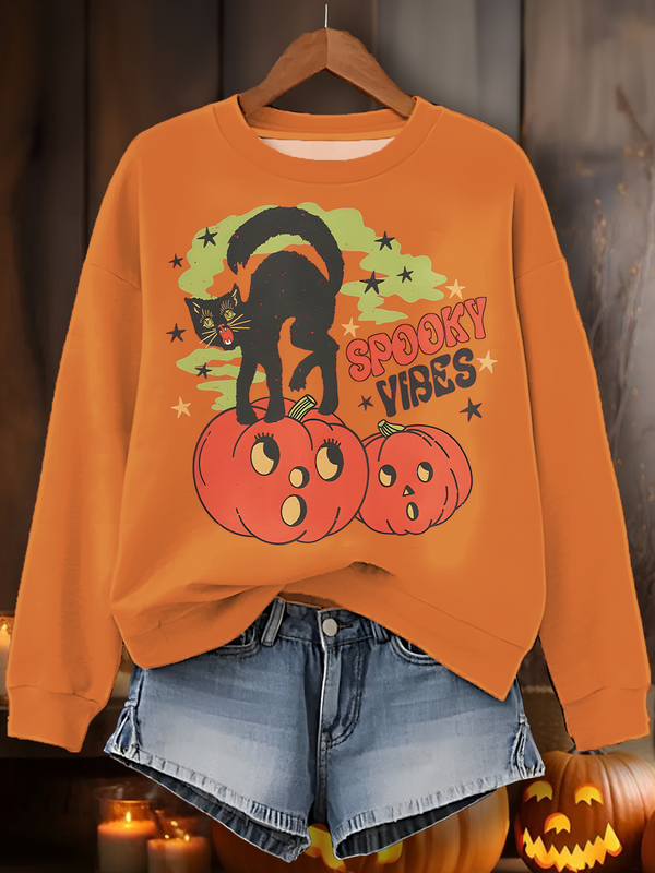 Ghost Atmosphere Retro Halloween Printed Long Sleeve Casual Top