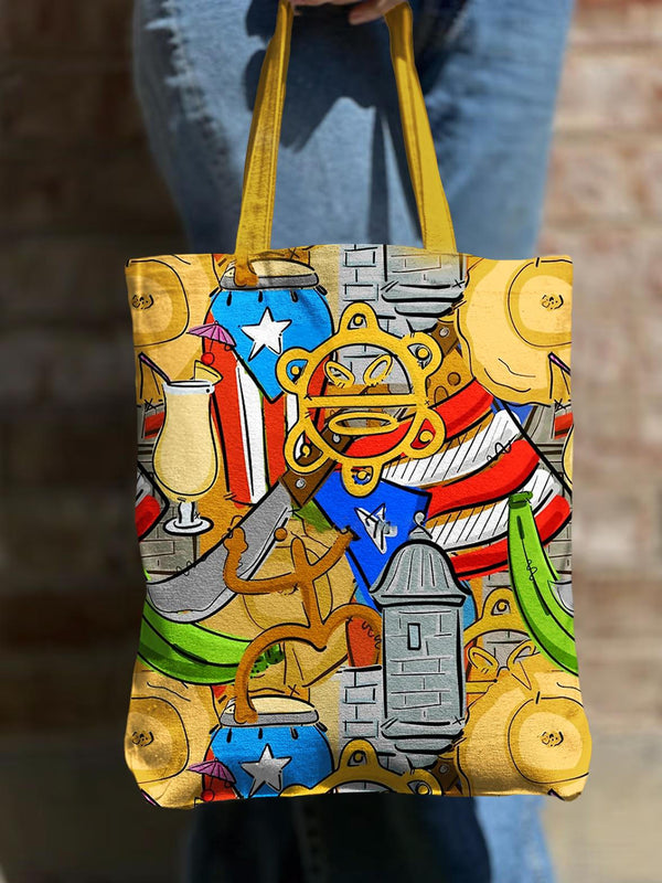 Puerto Rico Print Shoulder Zipper Canvas Bag