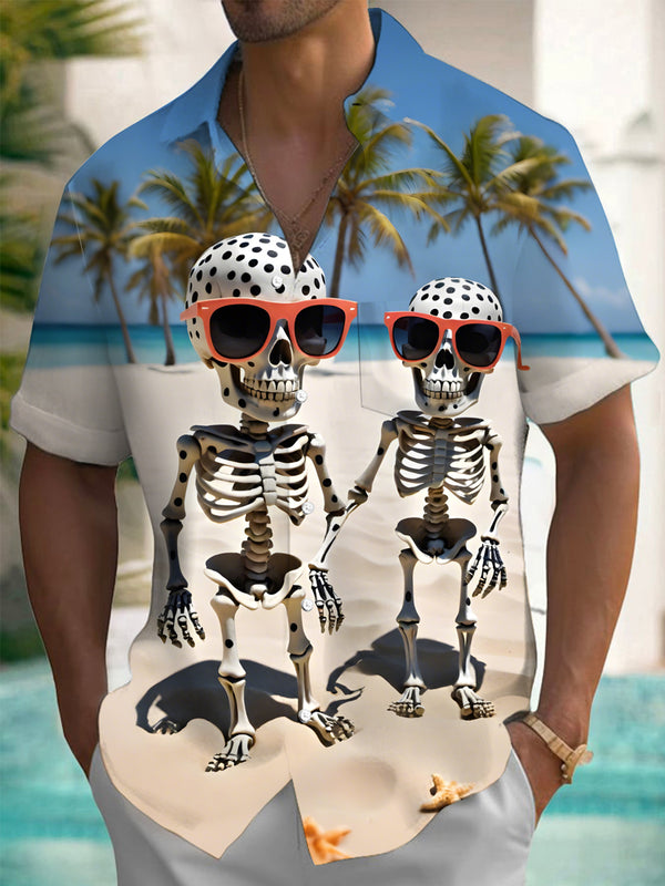 Camisas de manga corta con bolsillo para hombre con estampado de calavera hawaiana