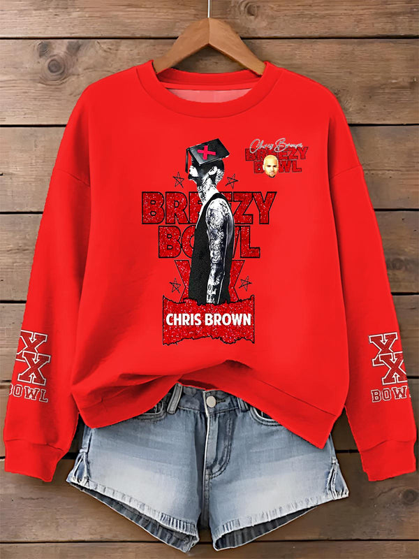 Chris Brown Breezy Bowl XX Tour Printed Long Sleeve Casual Top