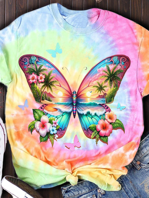 Tie Dye Butterfly Vacation Crew Neck T-shirt