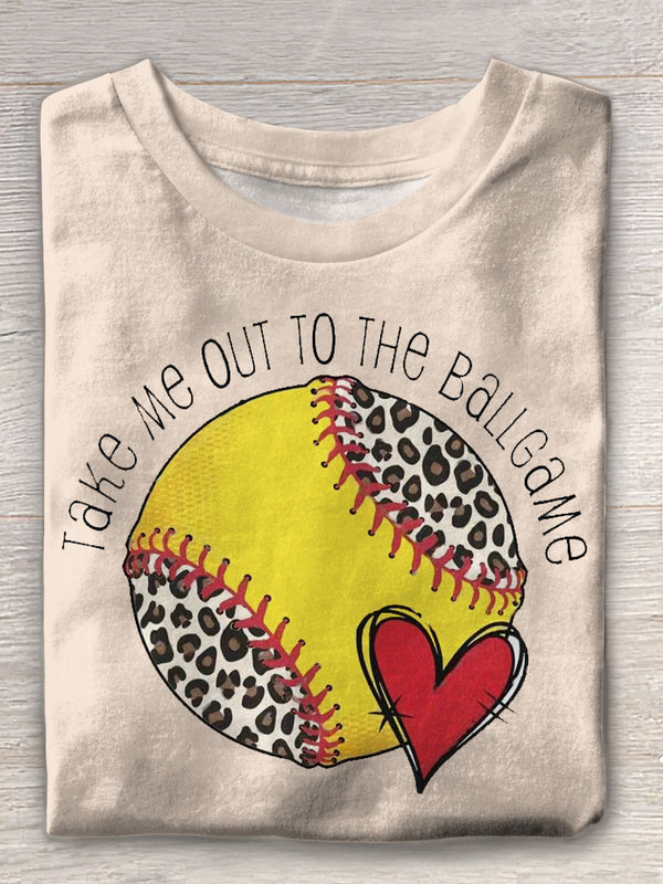 Leopard Love Baseball Print Crew Neck T-shirt