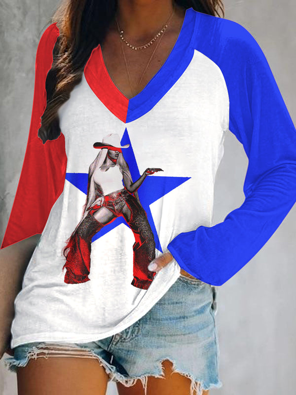 Beyonce Printed V-Neck Long Sleeve Top