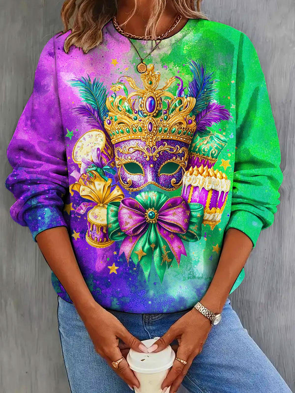 Mardi Gras Holiday Party Mask Celebration Gift Print Casual Long Sleeve Top