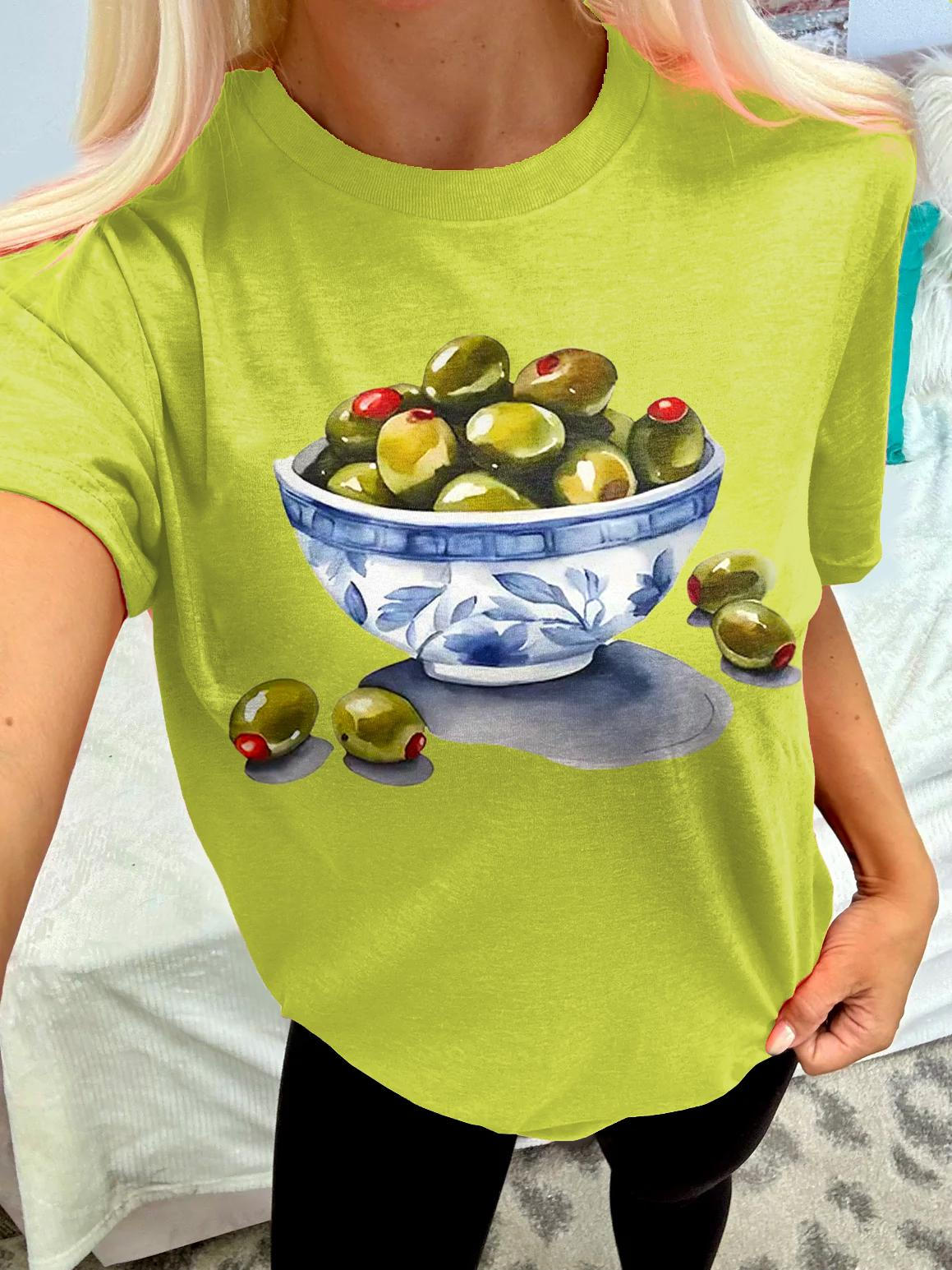 Camiseta de cuello redondo con estampado retro sencillo de oliva 