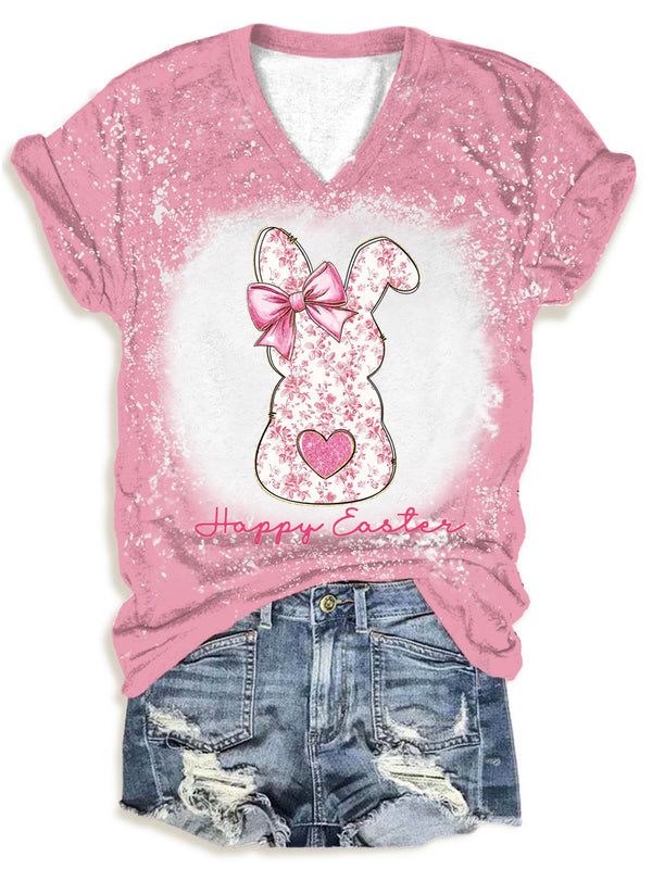 Happy Easter Pink Floral Bunny V-Neck T-Shirt