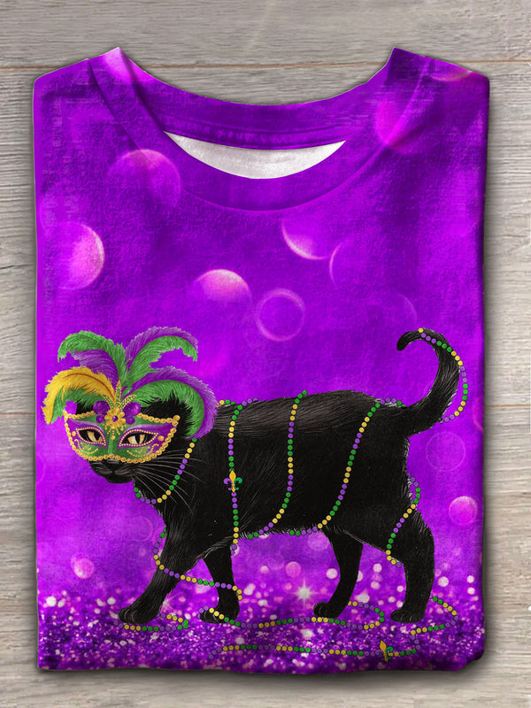 Mardi Gras Cat Crew Neck T-shirt