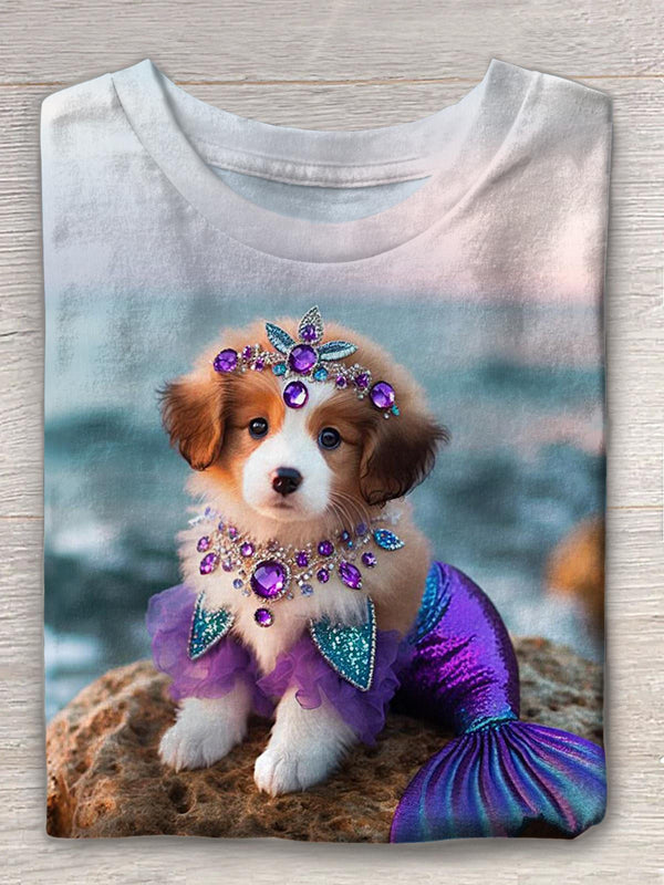 Cute Puppy Mermaid Crew Neck T-shirt