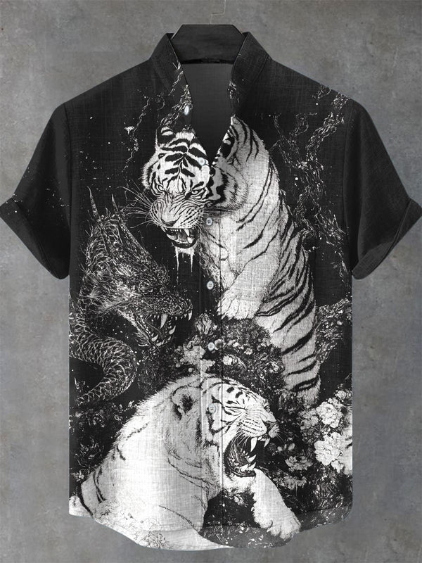 Men's White Tiger Print Pocket Short Sleeve Stand Collar Shirts