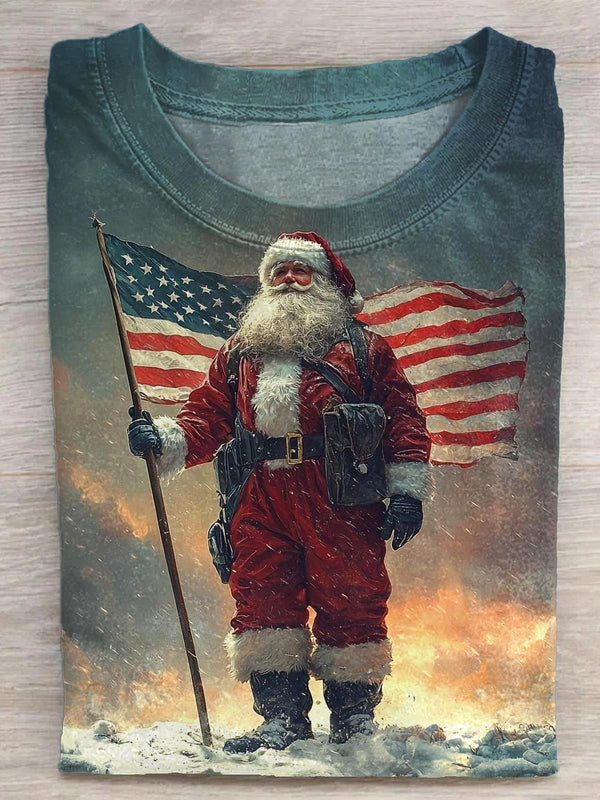 Christmas Santa Claus Flag Print Crew Neck T-shirt