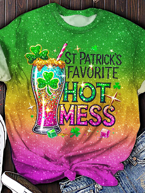 St. Patrick's Glitter Shamrock Beer Print Crew Neck T-shirt