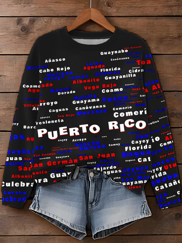 Puerto Rico Cities And Towns Word Cloud Graphic Printed Long Sleeve Casual Top