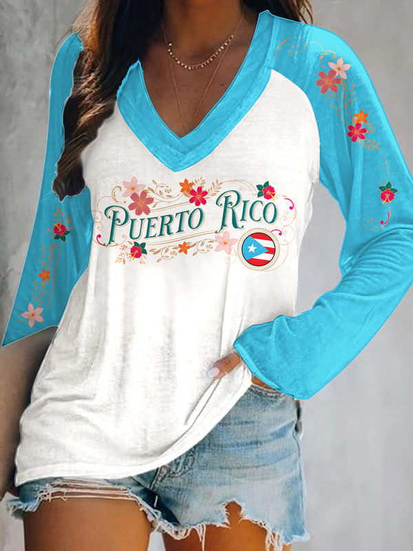Puerto Rican Artistic Flowers Print V-Neck Long Sleeve Top