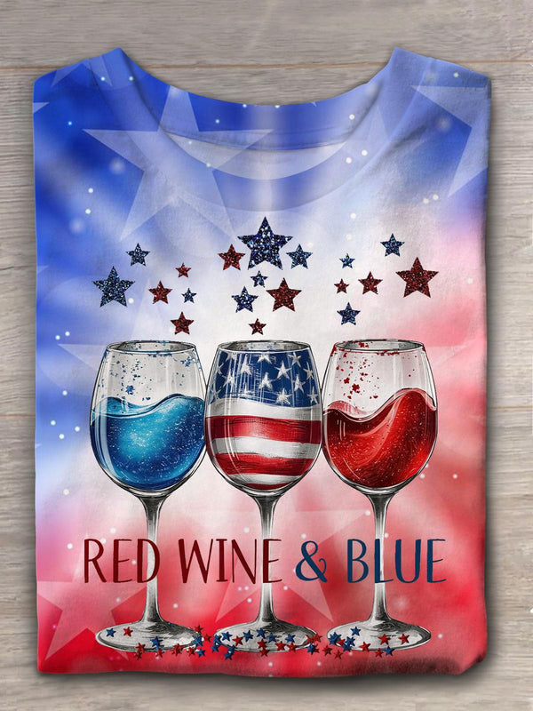 Camiseta patriótica de cuello redondo en color vino tinto y azul 