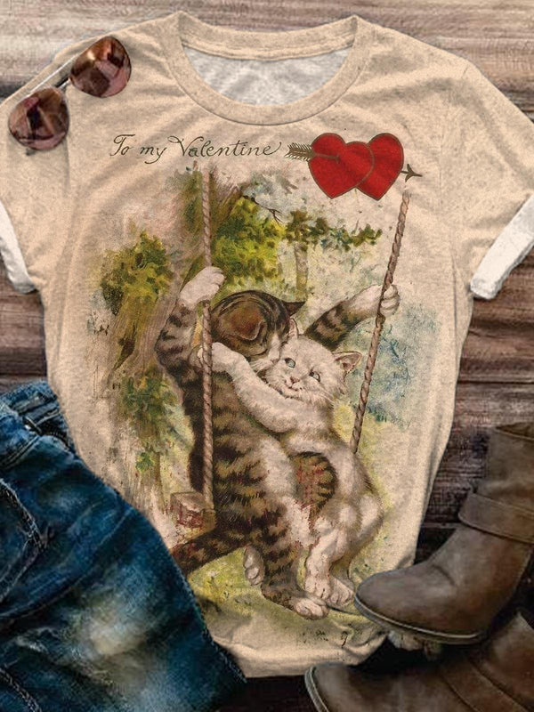 Valentine Retro Cat Crew Neck T-shirt