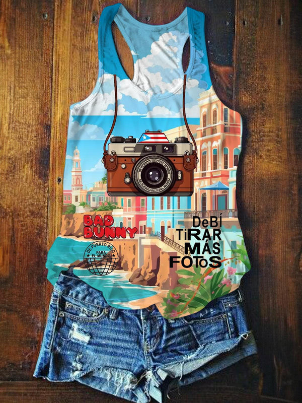 Puerto Rico Scenic Camera Graphic Women's Tank Top "Bad Bunny" Photo Op Vacation Cami