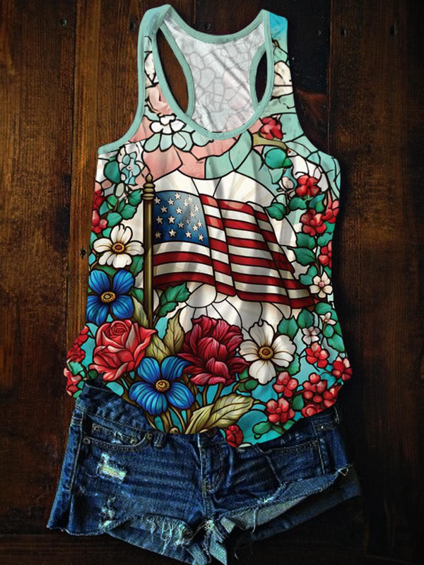 Stained Glass USA Flag Printed Casual Tank Top
