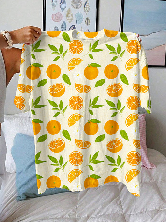 Camiseta de cuello redondo con estampado naranja refrescante de verano 