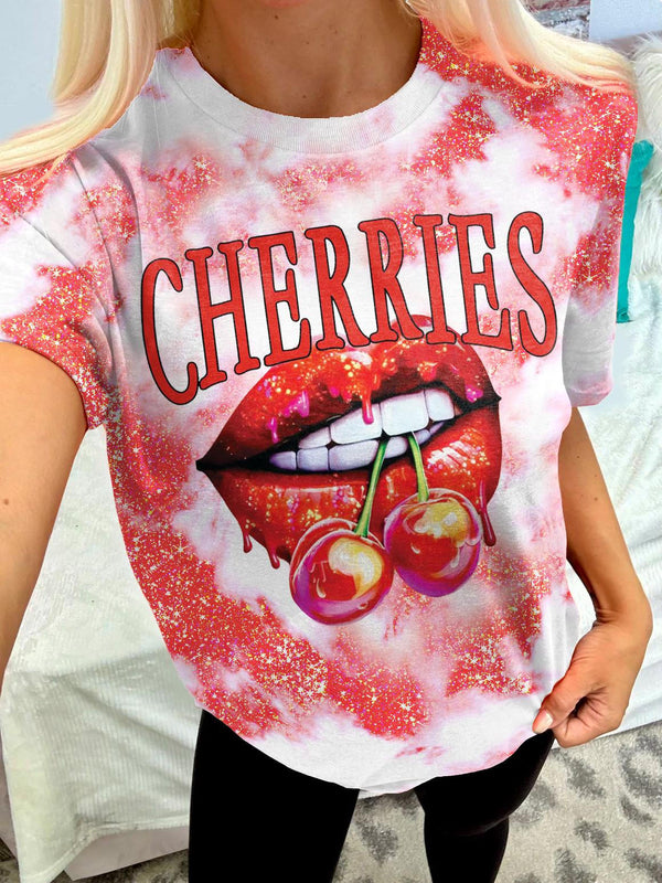 Camiseta de cuello redondo con estampado de labios en rojo cereza 