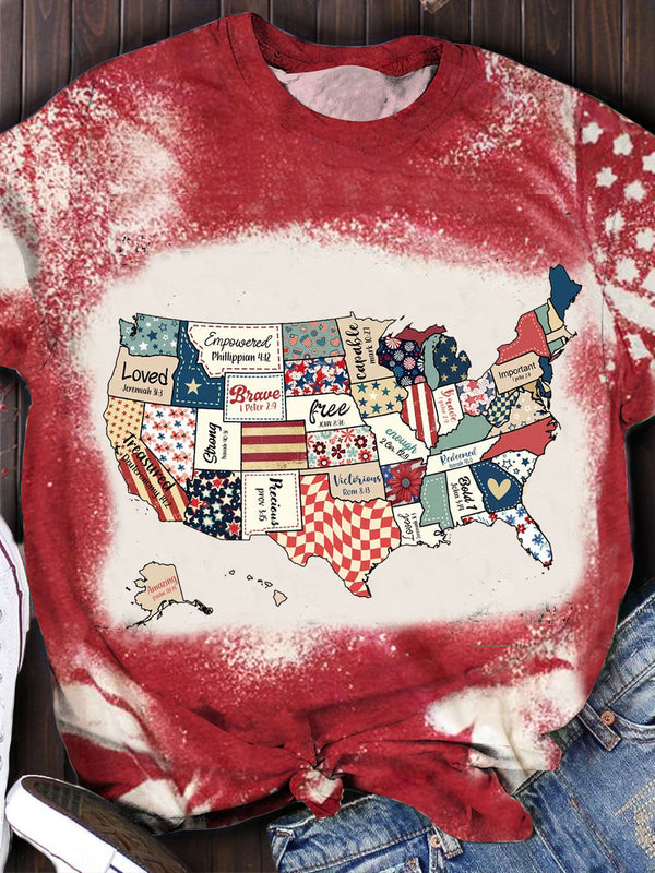 Retro America USA Map Print Crew Neck T-shirt
