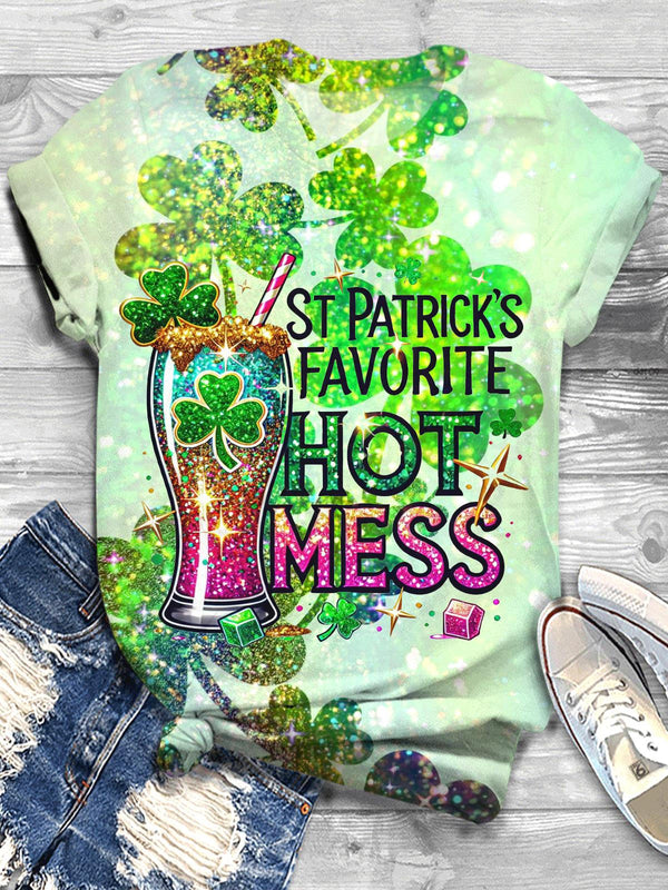 St Patrick's Hot Mess Funny Glitter Shamrock T-shirt