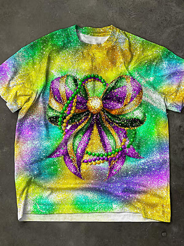 New Orleans Mardi Gras Glitter Bow Print Crew Neck T-shirt