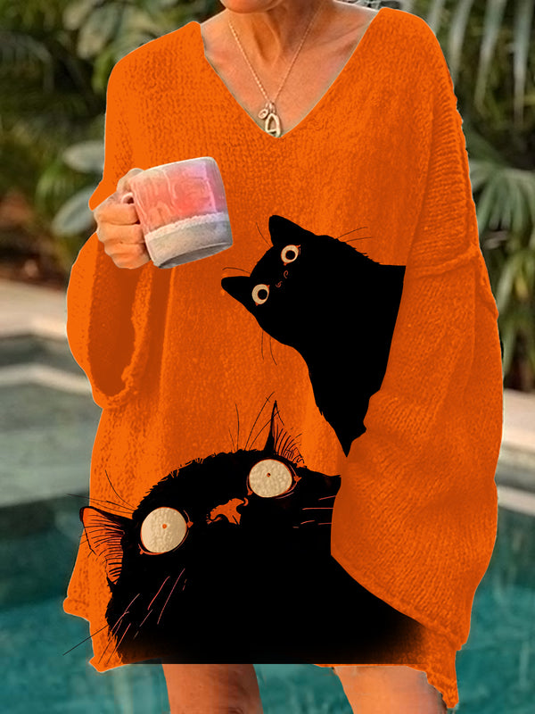 Halloween Fun Black Cat Casual Pullover Sweater