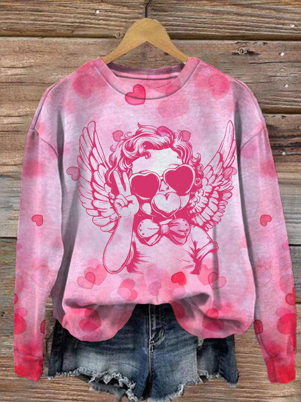 Retro Cupid Valentine Blowing Bubble Printed Long Sleeve Casual Top