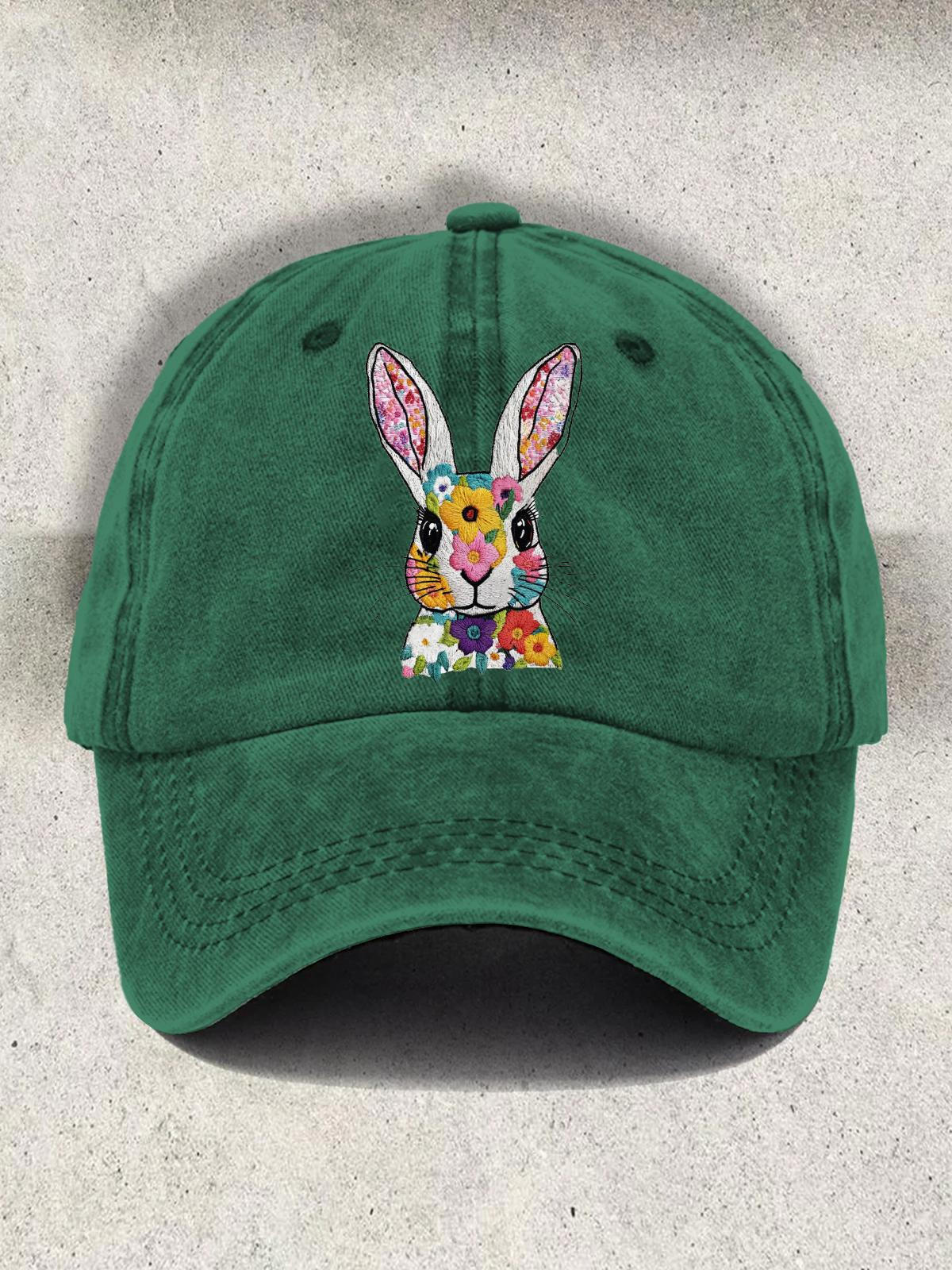 Floral Faux Embroidery Bunny Print Baseball Cap