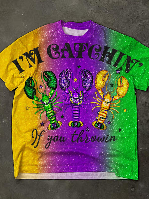 Colorful Mardi Gras Lobster Print Crew Neck T-shirt