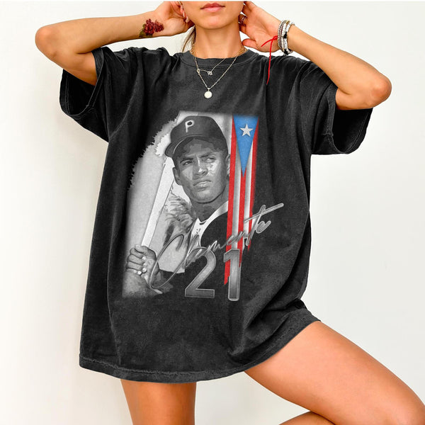 Roberto Clemente Puerto Rico Washed Cotton Crew Neck T-Shirt