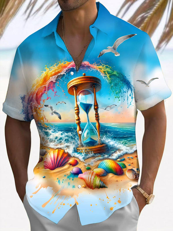 Camisas hawaianas de manga corta con bolsillo y estampado de conchas de reloj de arena para hombre