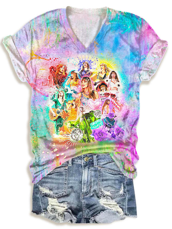 Colorful Taylor Swift Tie-Dye Printed V-Neck T-Shirt