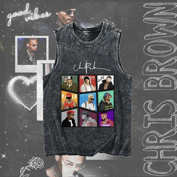 Chris Brown Nine Grid Washed Cotton Round Neck Sleeveless Vest