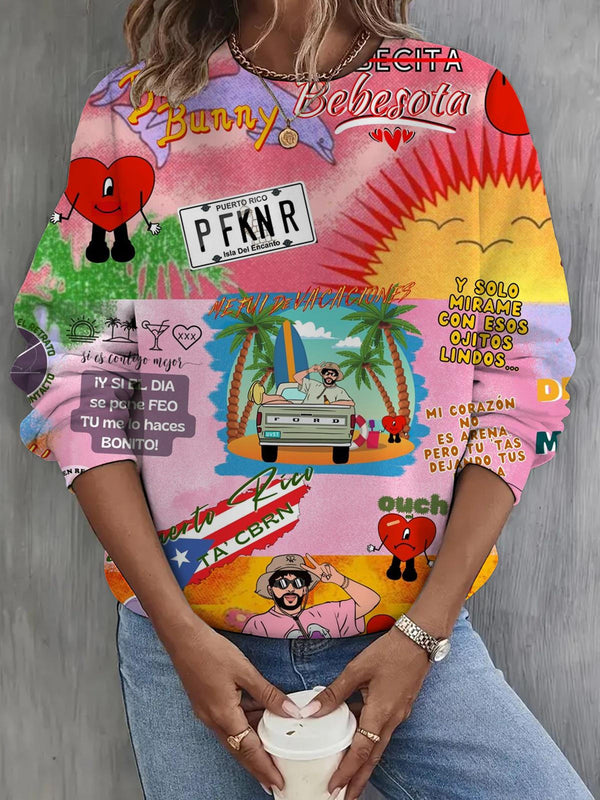 Bad Bunny Printed Long Sleeve Casual Top