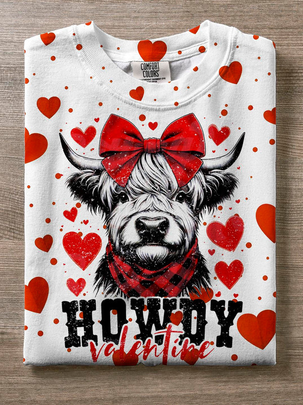 Howdy Valentine Western Highland Cow Crew Neck T-shirt