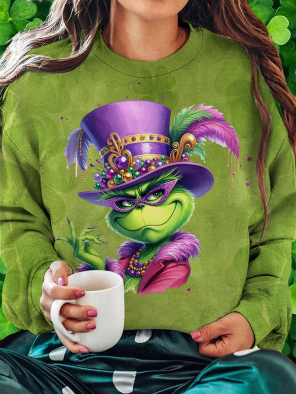 Mardi Gras Green Monster Printed Long Sleeve Casual Top