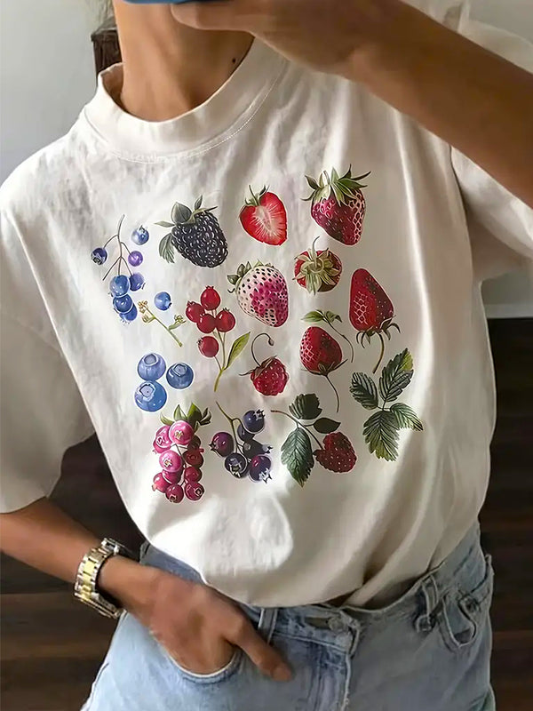 Camiseta de cuello redondo con estampado retro de fresa 