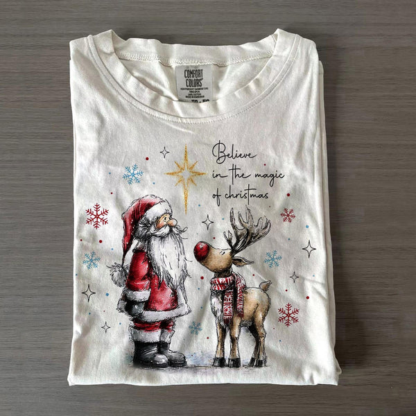Christmas Santa Claus And Reindeer Unisex Cotton Crew Neck T-shirt