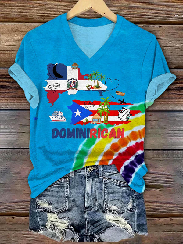 Dominican Republic Flag Map Graphic V-Neck Short Sleeve T-Shirt Rainbow Tie-Dye Women's Tee