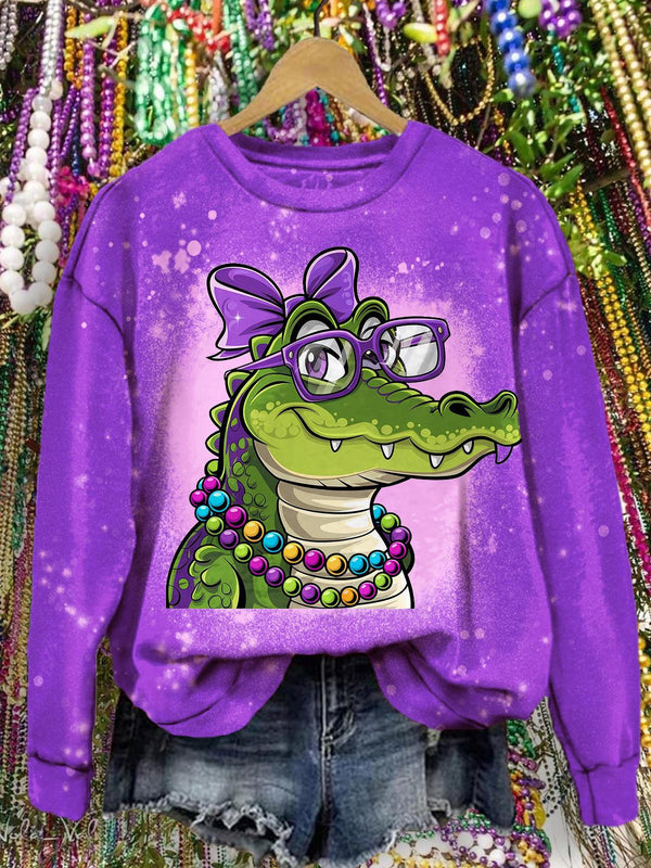 Happy Mardi Gras Alligator Bow Print Long Sleeve Top