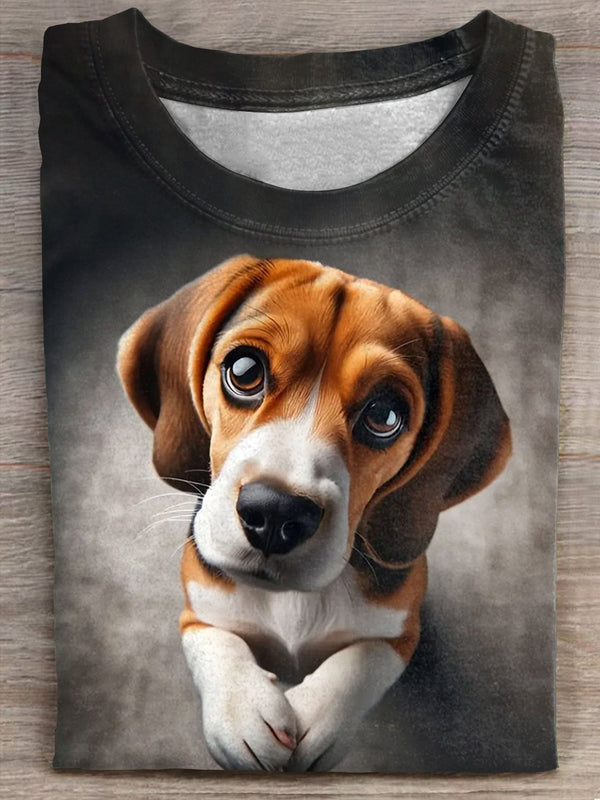 Retro Cute Puppy Crew Neck T-shirt