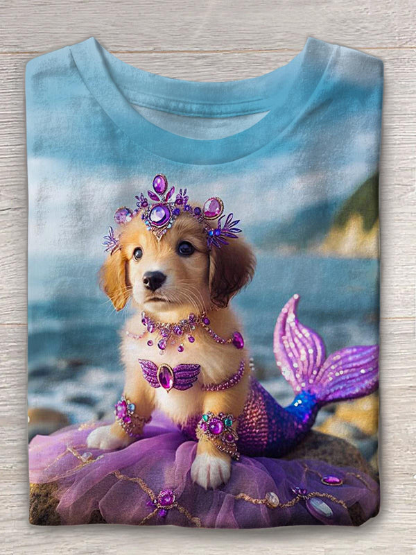 Cute Mermaid Dog Print Crew Neck T-shirt