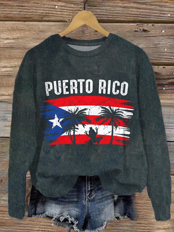 Puerto Rico Rican Frog Rana Distressed Flag Palm Tree Printed Sweatshirt