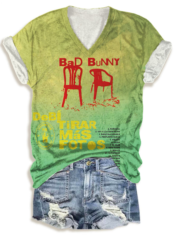Bad Bunny Creative Oil Painting Printing V-neck T-Shirt