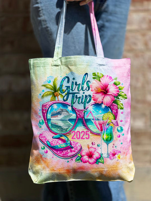 Girl Trip Vacation Shoulder Zipper Canvas Bag